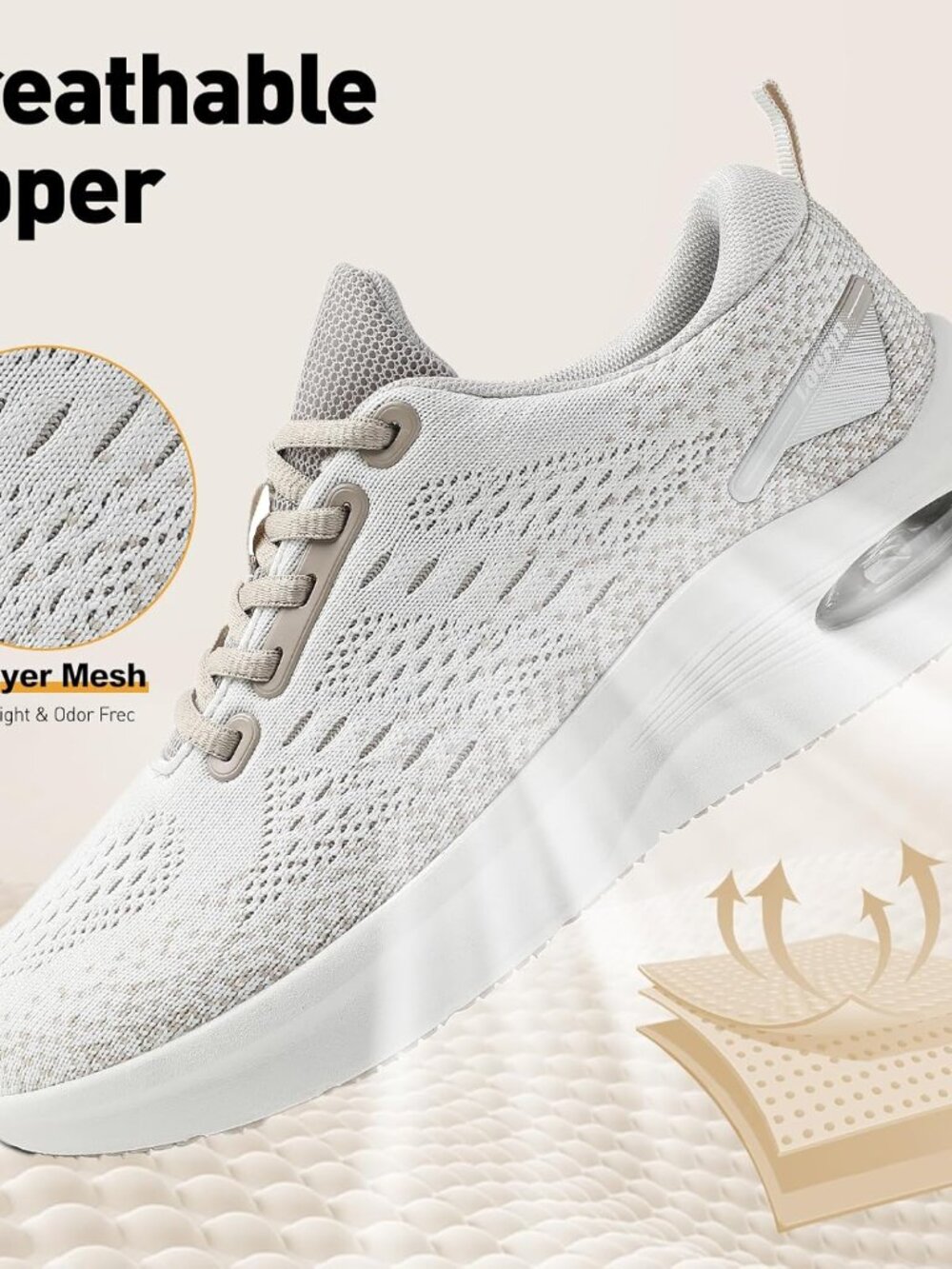 Women's Khaki/Beige Wide Orthopedic Cushioned Arch Lace-Up Running Sneaker Shoes - Picture 5 of 6